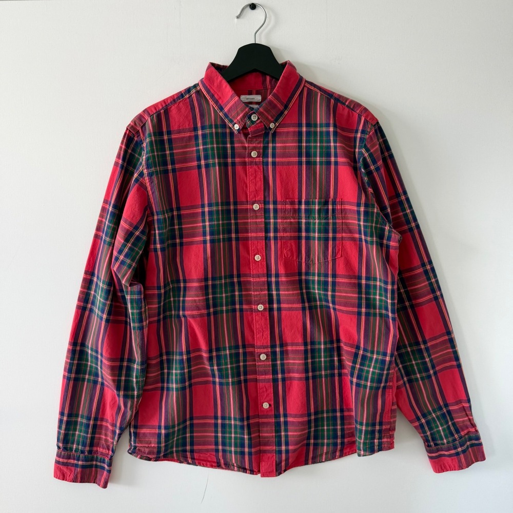 Gap Mens Red Multi Plaid Untucked Fit Button Down Shirt L 777821-01